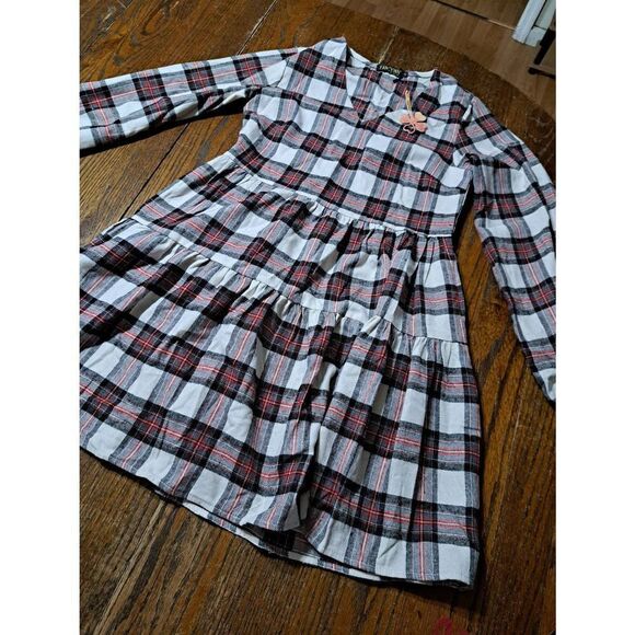 New Small Fancyinn Long Sleeve Buffalo Plaid Shift Tunic Ruffle Mini Dress NWT - Picture 6 of 8